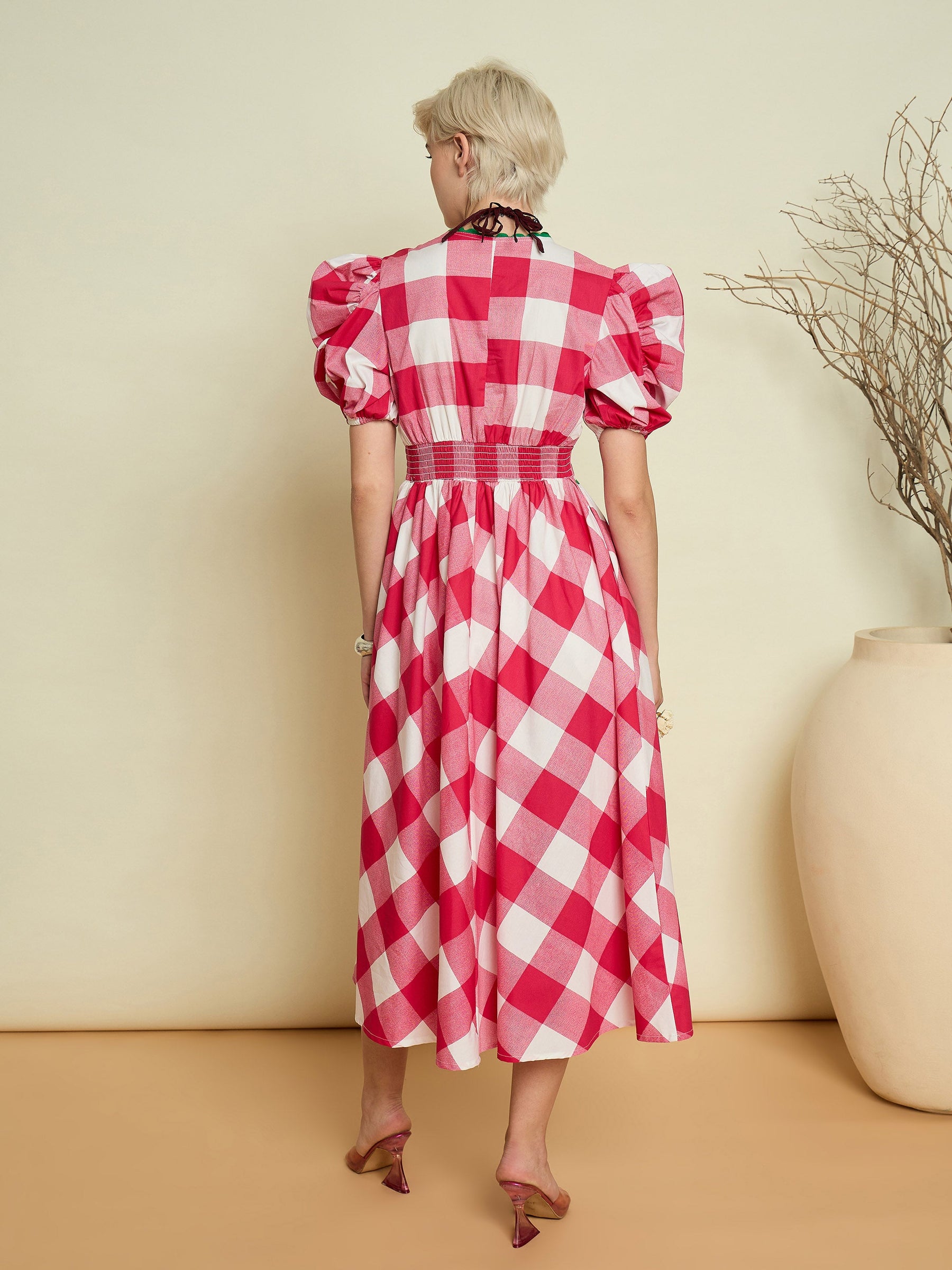 Pink Big Check A-Line Midi Dress-Pink Paprika By SASSAFRAS