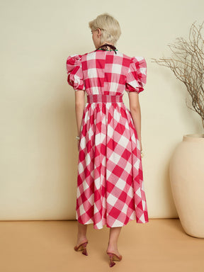 Pink Big Check A-Line Midi Dress-Pink Paprika By SASSAFRAS