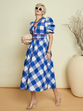 Blue Big Check A-Line Midi Dress-Pink Paprika By SASSAFRAS