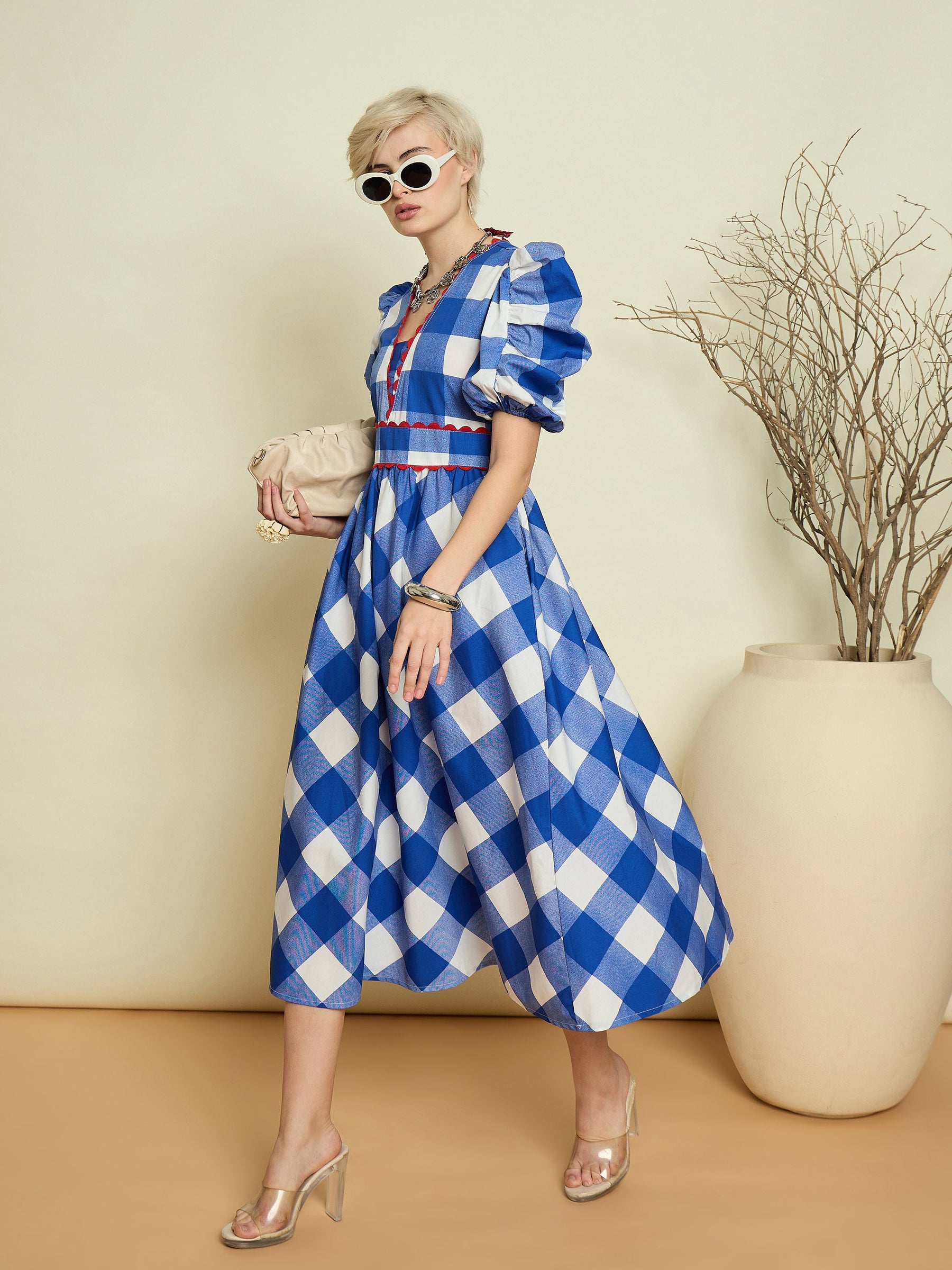 Blue Big Check A-Line Midi Dress-Pink Paprika By SASSAFRAS