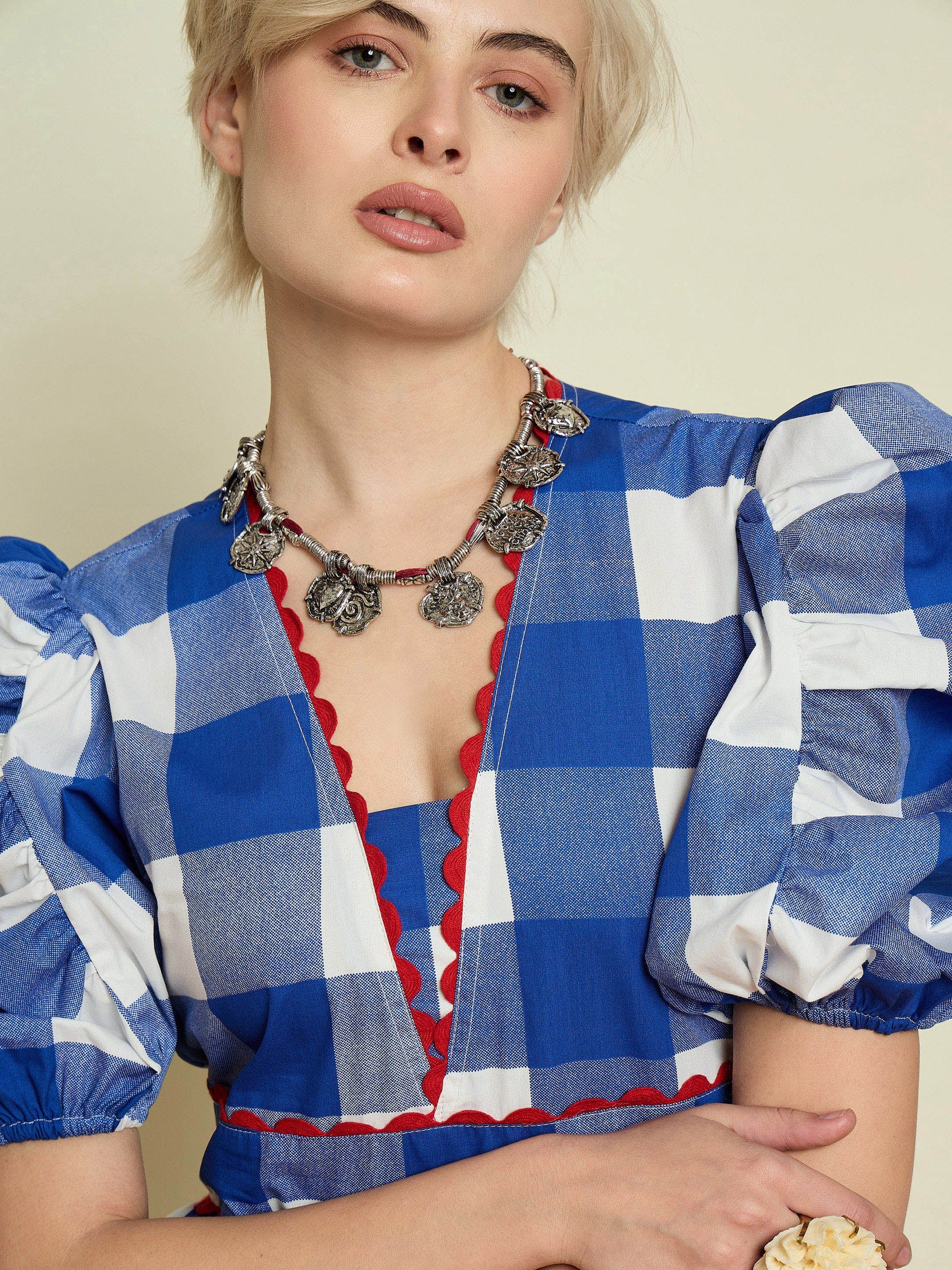Blue Big Check A-Line Midi Dress-Pink Paprika By SASSAFRAS