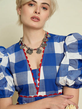 Blue Big Check A-Line Midi Dress-Pink Paprika By SASSAFRAS