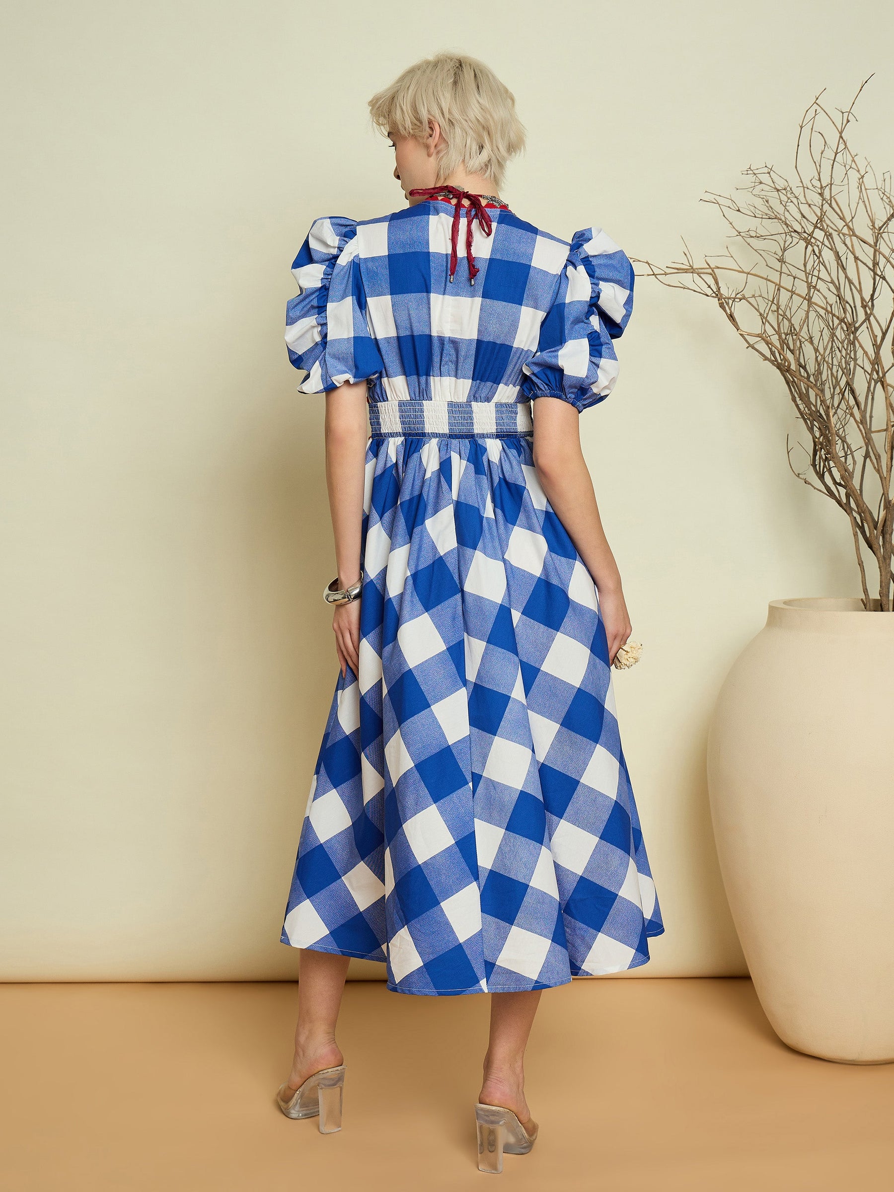 Blue Big Check A-Line Midi Dress-Pink Paprika By SASSAFRAS