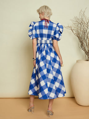 Blue Big Check A-Line Midi Dress-Pink Paprika By SASSAFRAS
