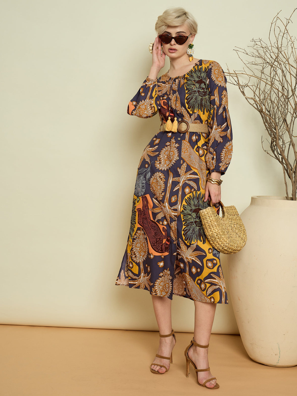 Grey Boho Printed Side Slit Midi Dress-Pink Paprika By SASSAFRAS