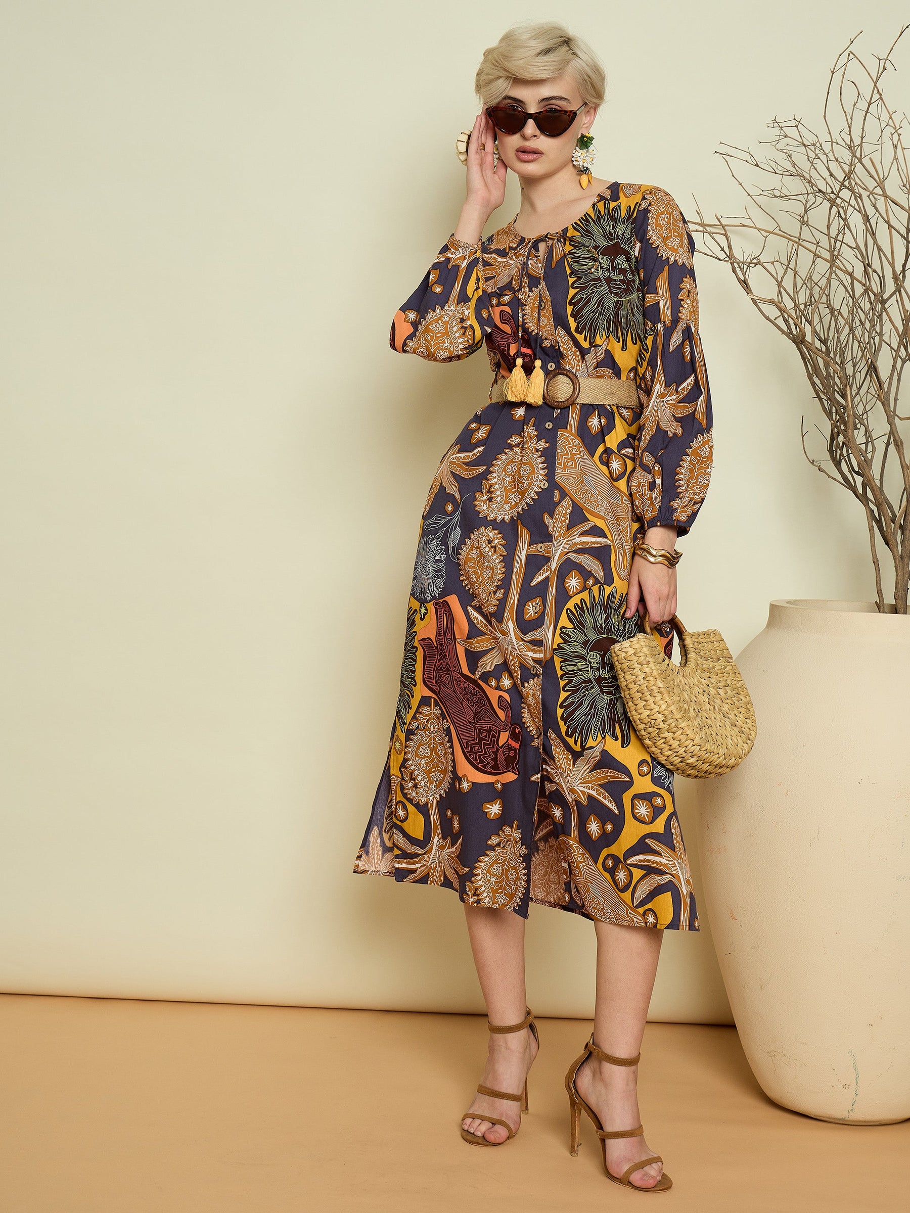 Grey Boho Printed Side Slit Midi Dress-Pink Paprika By SASSAFRAS