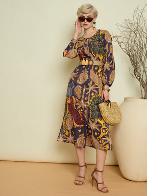 Grey Boho Printed Side Slit Midi Dress-Pink Paprika By SASSAFRAS