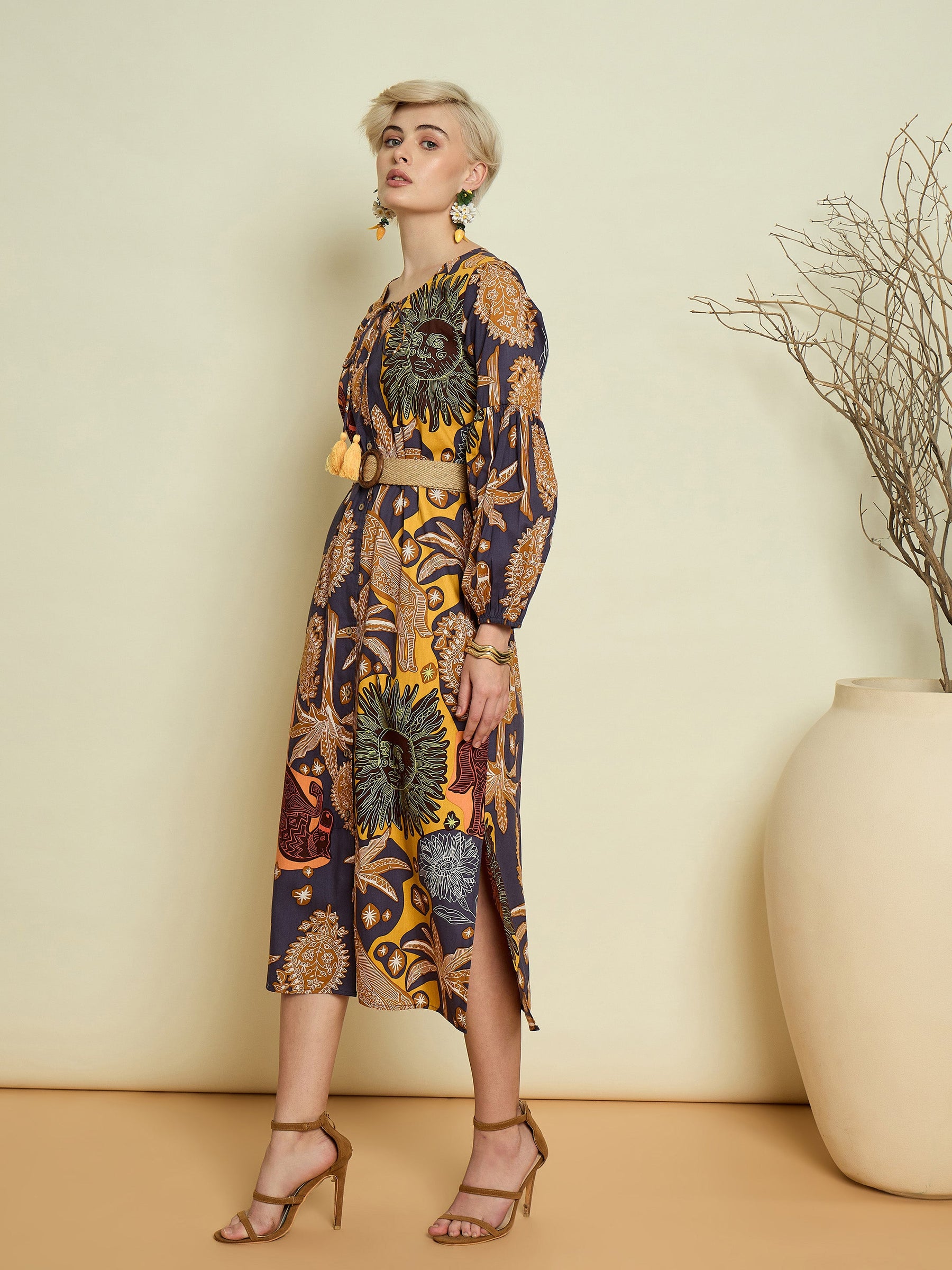 Grey Boho Printed Side Slit Midi Dress-Pink Paprika By SASSAFRAS