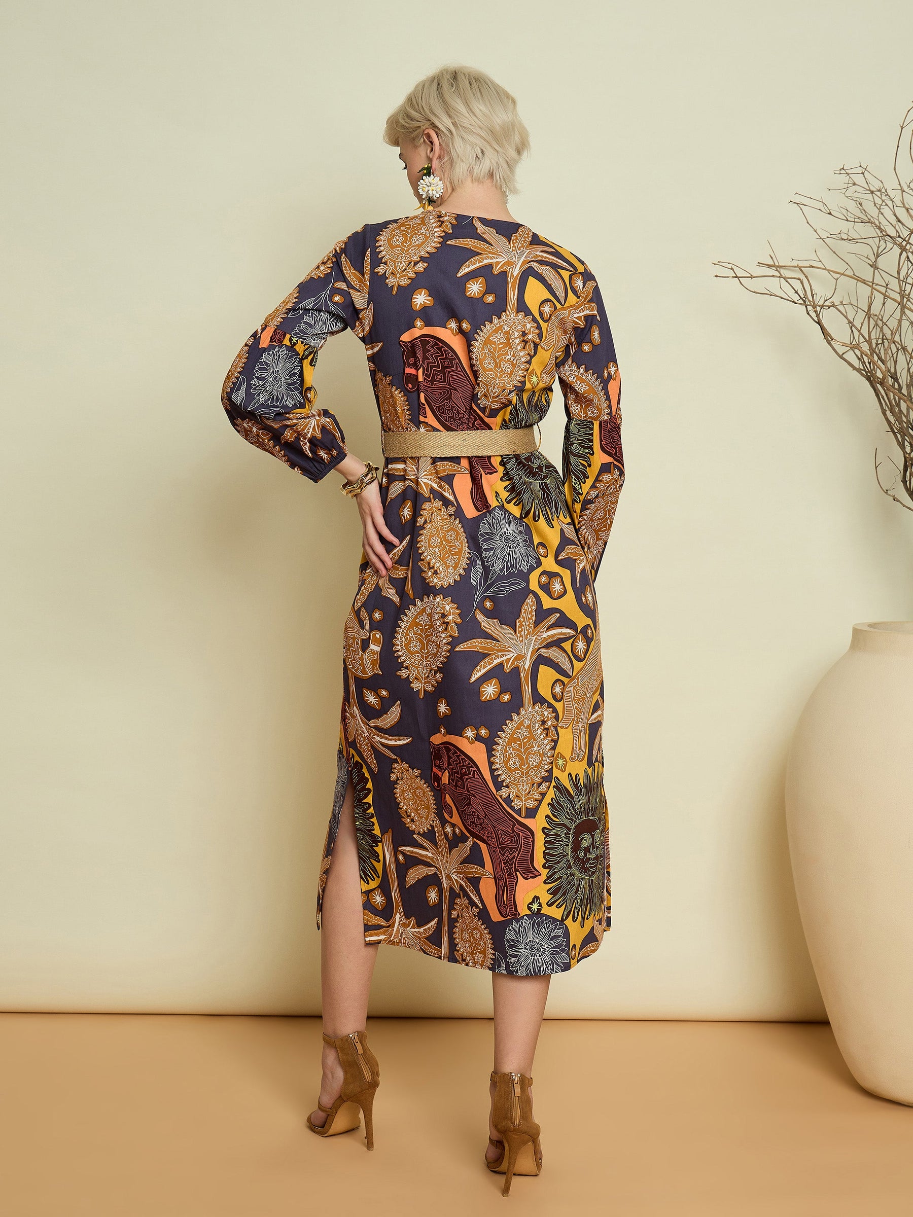 Grey Boho Printed Side Slit Midi Dress-Pink Paprika By SASSAFRAS