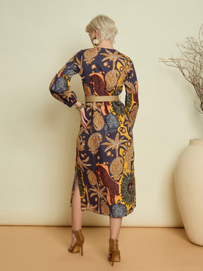 Grey Boho Printed Side Slit Midi Dress-Pink Paprika By SASSAFRAS