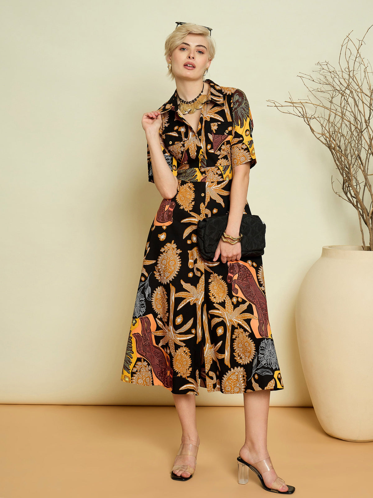 Black Boho Printed Button Placket A-Line Midi Dress-Pink Paprika By SASSAFRAS