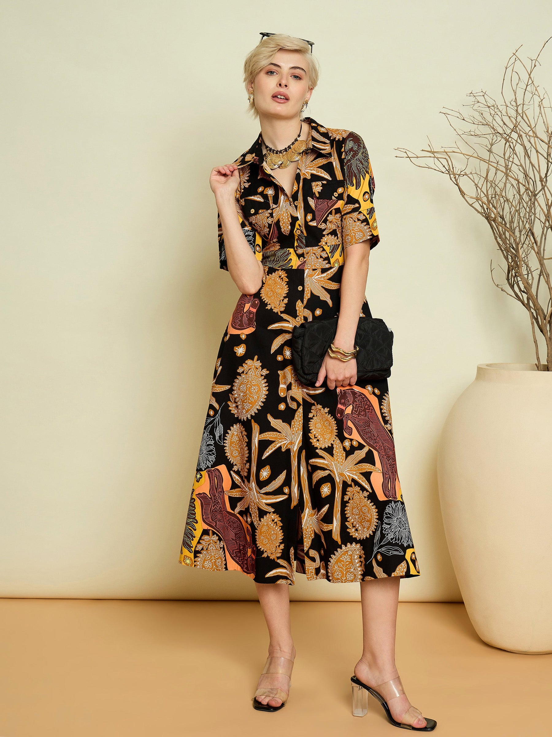 Black Boho Printed Button Placket A-Line Midi Dress-Pink Paprika By SASSAFRAS