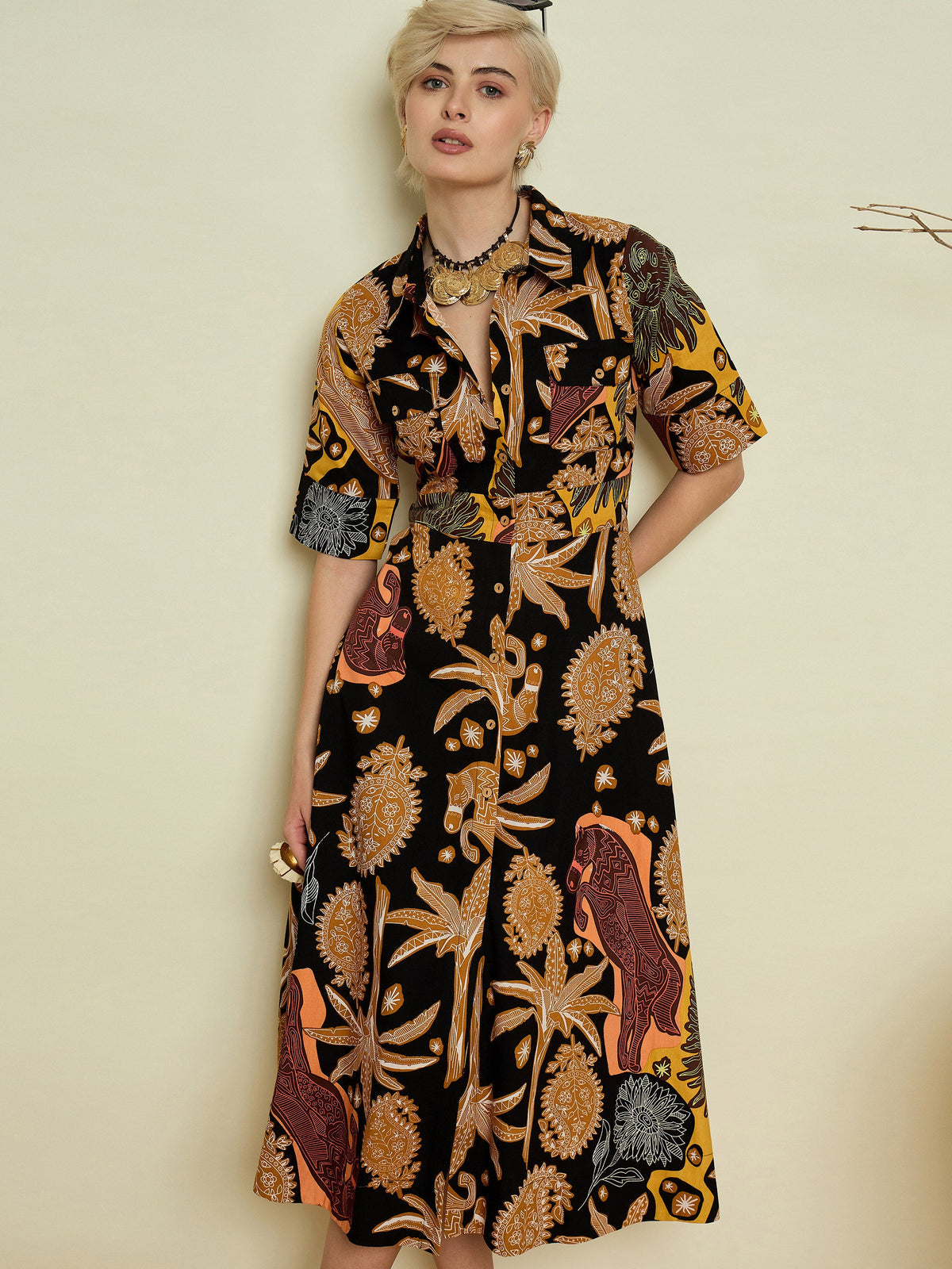 Black Boho Printed Button Placket A-Line Midi Dress-Pink Paprika By SASSAFRAS