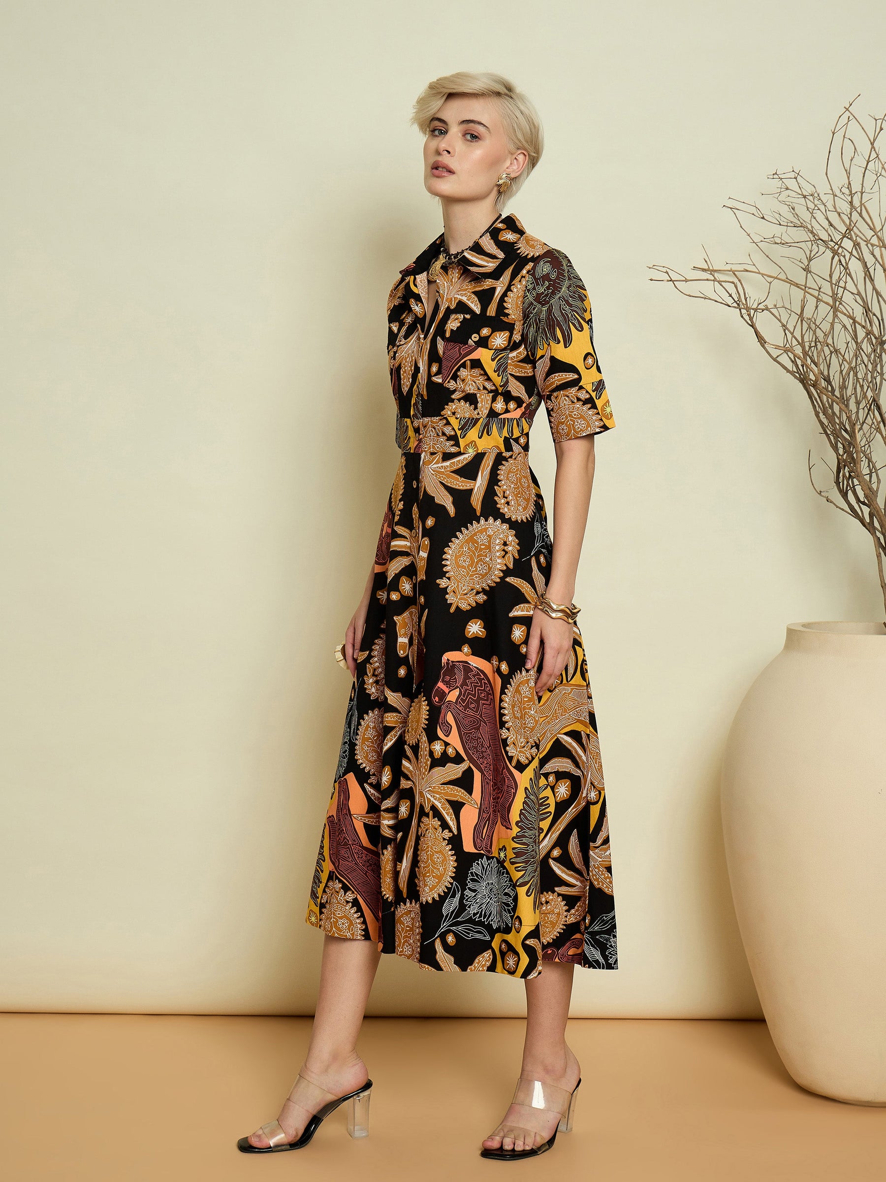Black Boho Printed Button Placket A-Line Midi Dress-Pink Paprika By SASSAFRAS