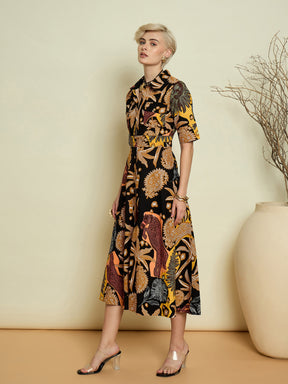 Black Boho Printed Button Placket A-Line Midi Dress-Pink Paprika By SASSAFRAS
