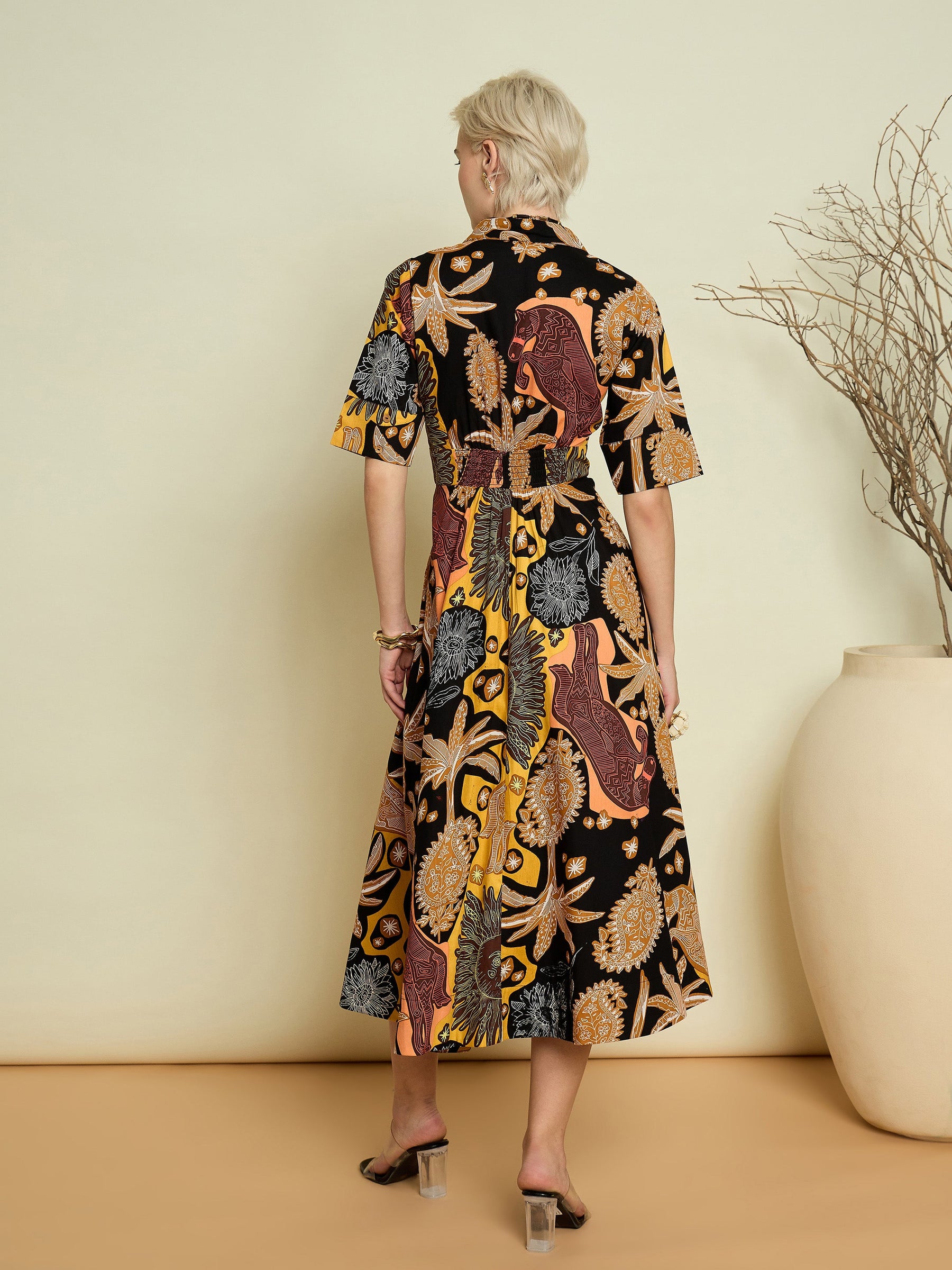 Black Boho Printed Button Placket A-Line Midi Dress-Pink Paprika By SASSAFRAS