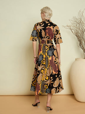 Black Boho Printed Button Placket A-Line Midi Dress-Pink Paprika By SASSAFRAS