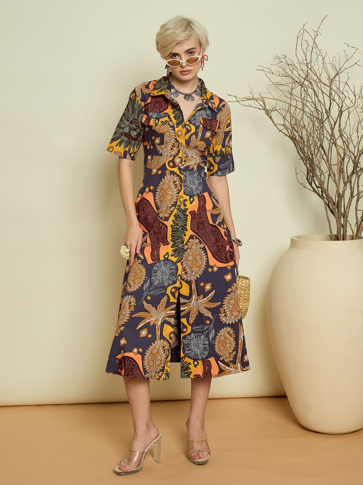 Grey Boho Printed Button Placket A Line Midi Dress-Pink Paprika By SASSAFRAS