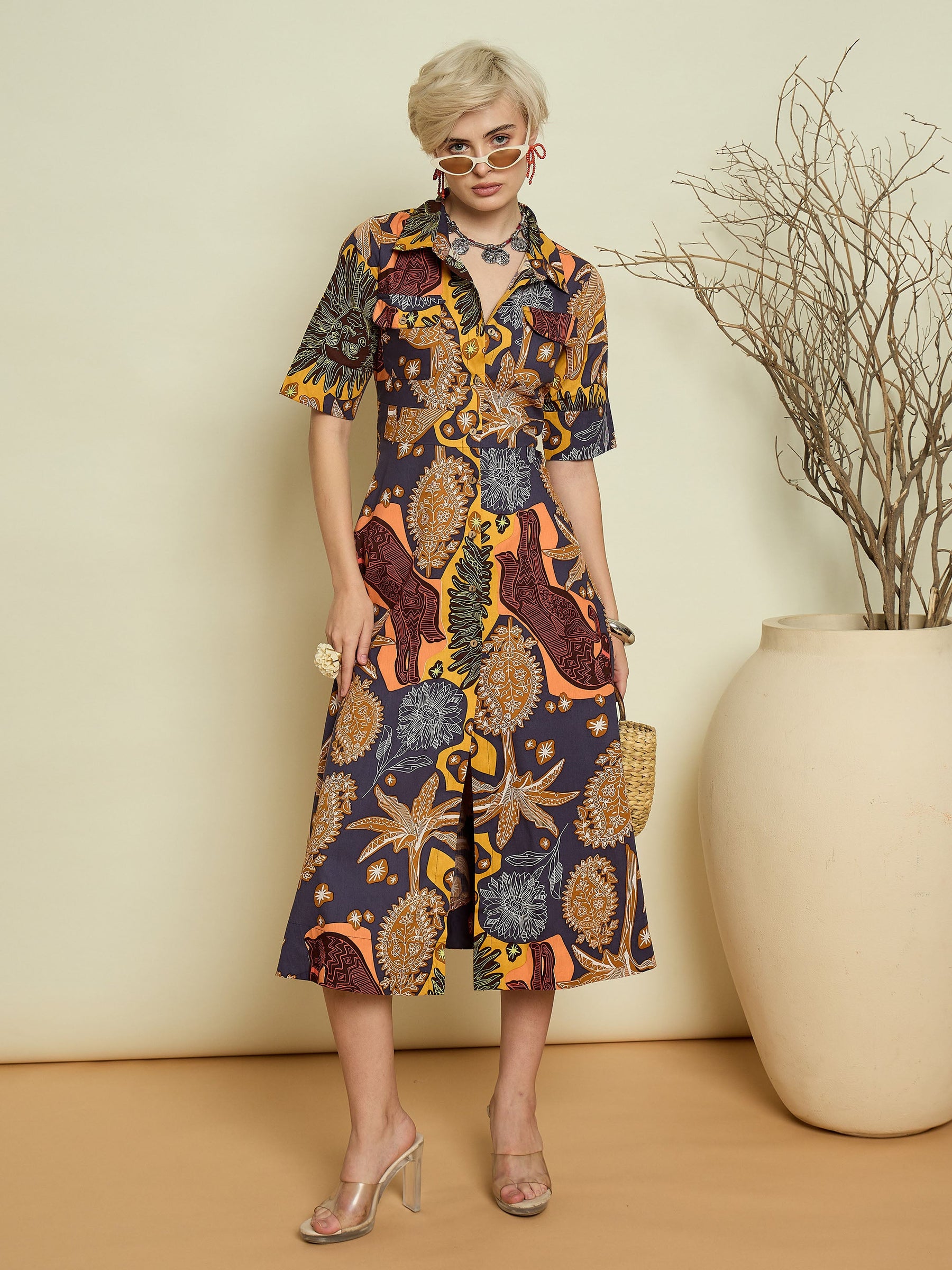 Grey Boho Printed Button Placket A Line Midi Dress-Pink Paprika By SASSAFRAS