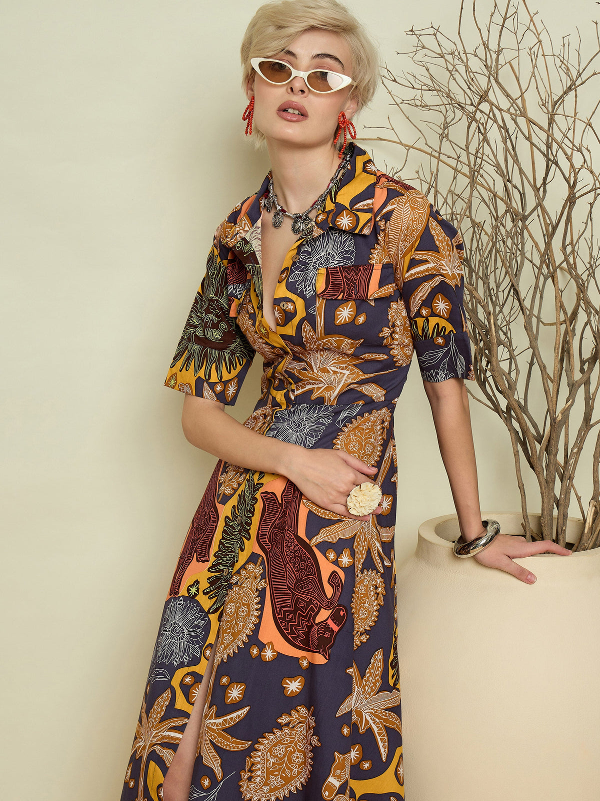 Grey Boho Printed Button Placket A Line Midi Dress-Pink Paprika By SASSAFRAS
