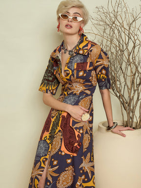 Grey Boho Printed Button Placket A Line Midi Dress-Pink Paprika By SASSAFRAS