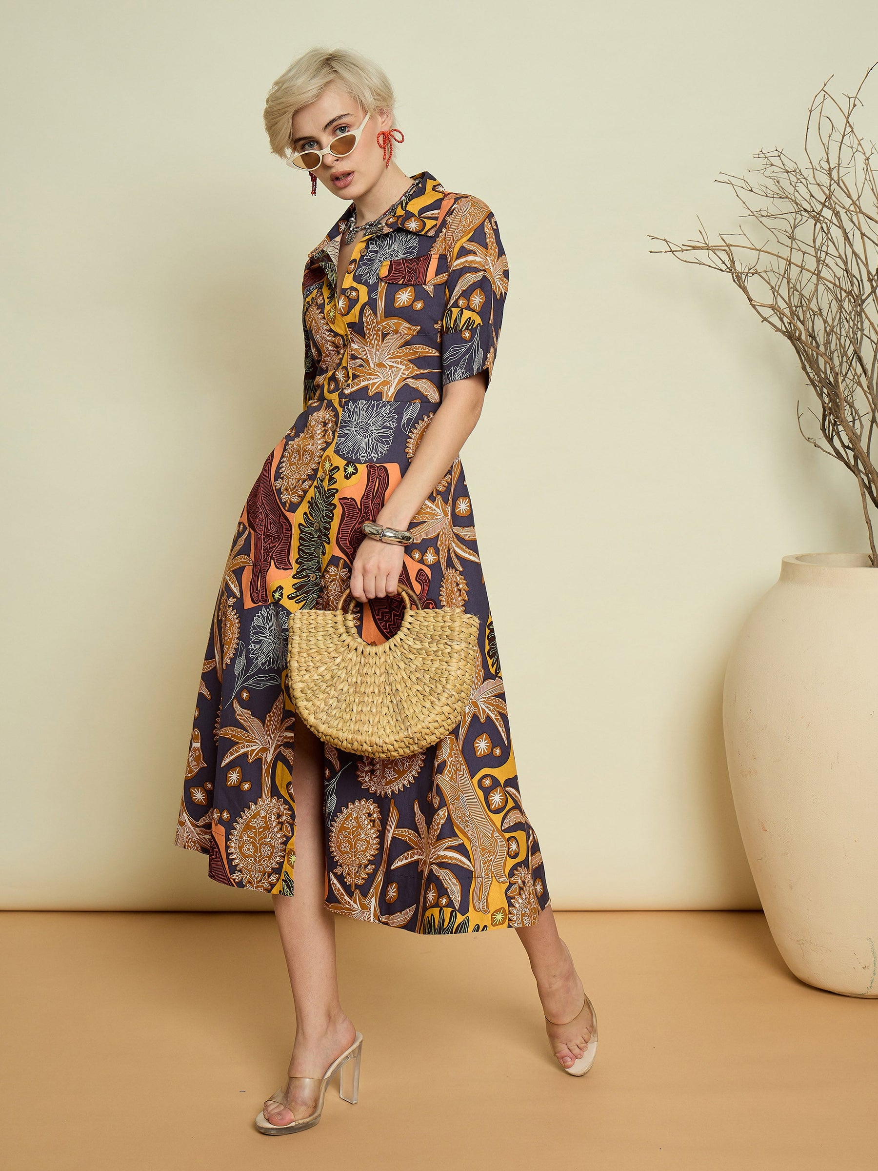 Grey Boho Printed Button Placket A Line Midi Dress-Pink Paprika By SASSAFRAS