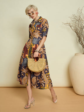 Grey Boho Printed Button Placket A Line Midi Dress-Pink Paprika By SASSAFRAS