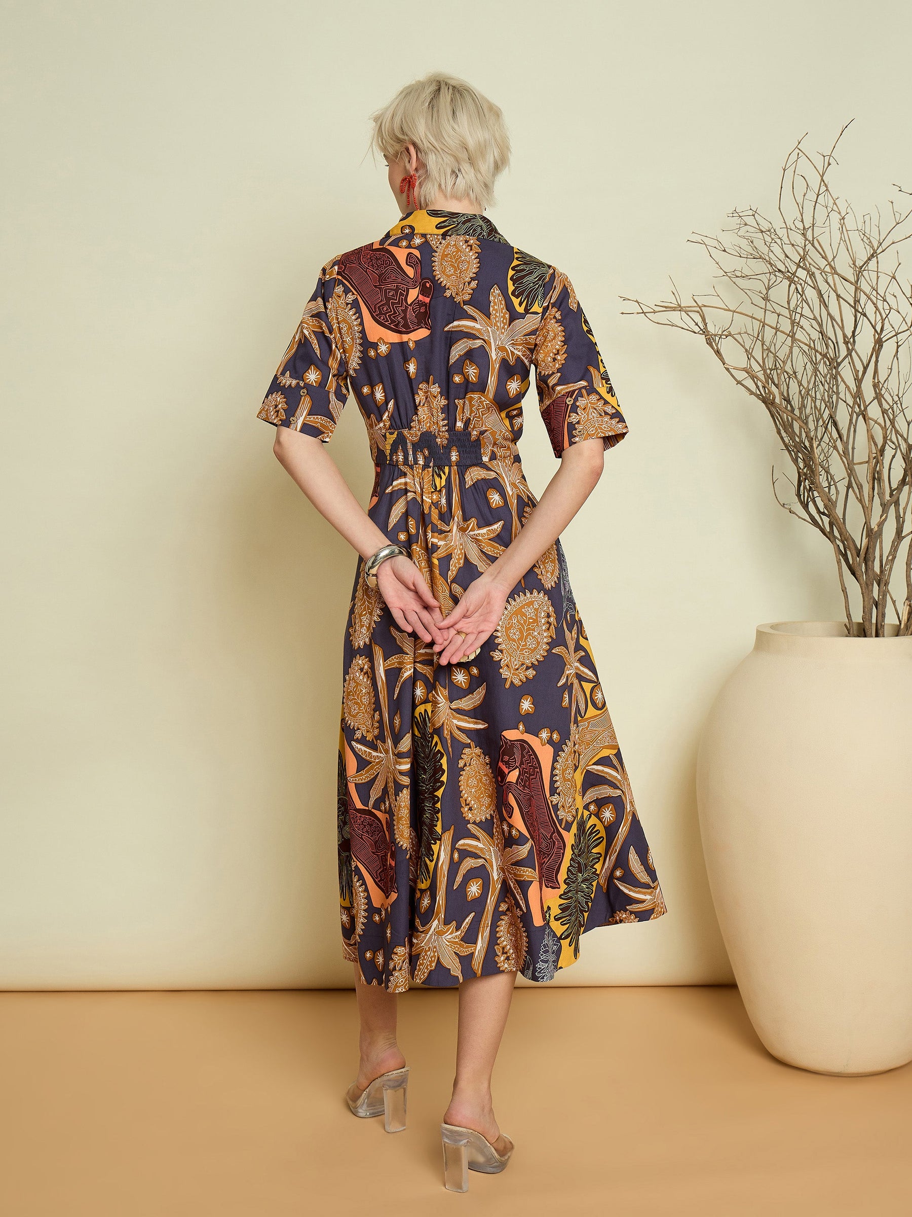 Grey Boho Printed Button Placket A Line Midi Dress-Pink Paprika By SASSAFRAS