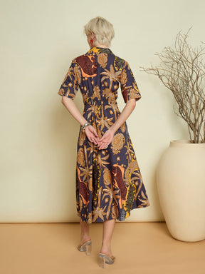 Grey Boho Printed Button Placket A Line Midi Dress-Pink Paprika By SASSAFRAS