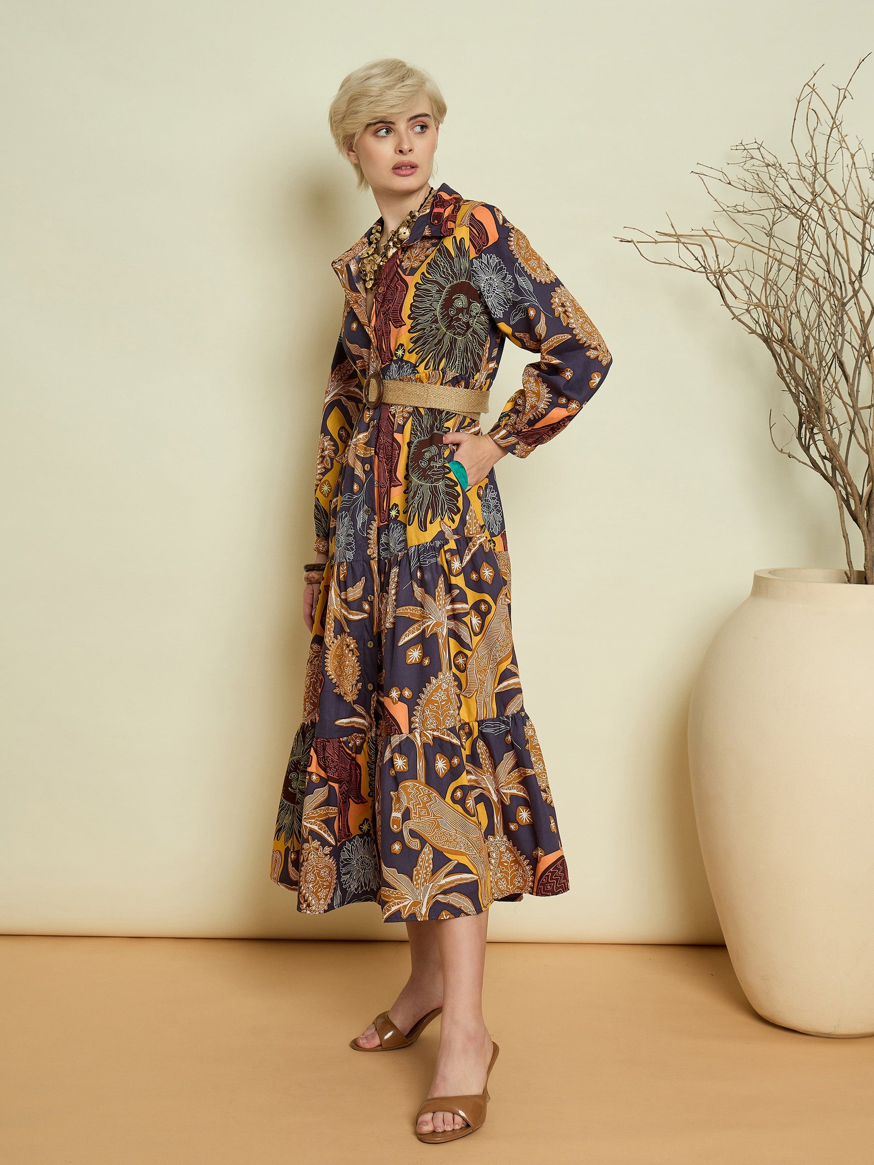 Grey Boho Printed Button Placket Tiered Maxi Dress-Pink Paprika By SASSAFRAS