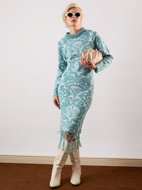 Blue Jaquard Acrylic Wool High Neck Hem Frindge Midi Dress-SASSAFRAS