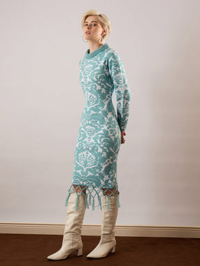 Blue Jaquard Acrylic Wool High Neck Hem Frindge Midi Dress-SASSAFRAS