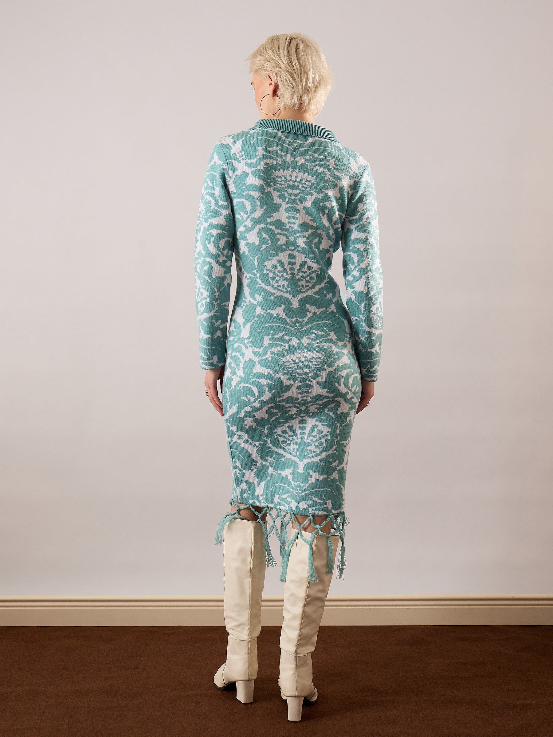 Blue Jaquard Acrylic Wool High Neck Hem Frindge Midi Dress-SASSAFRAS