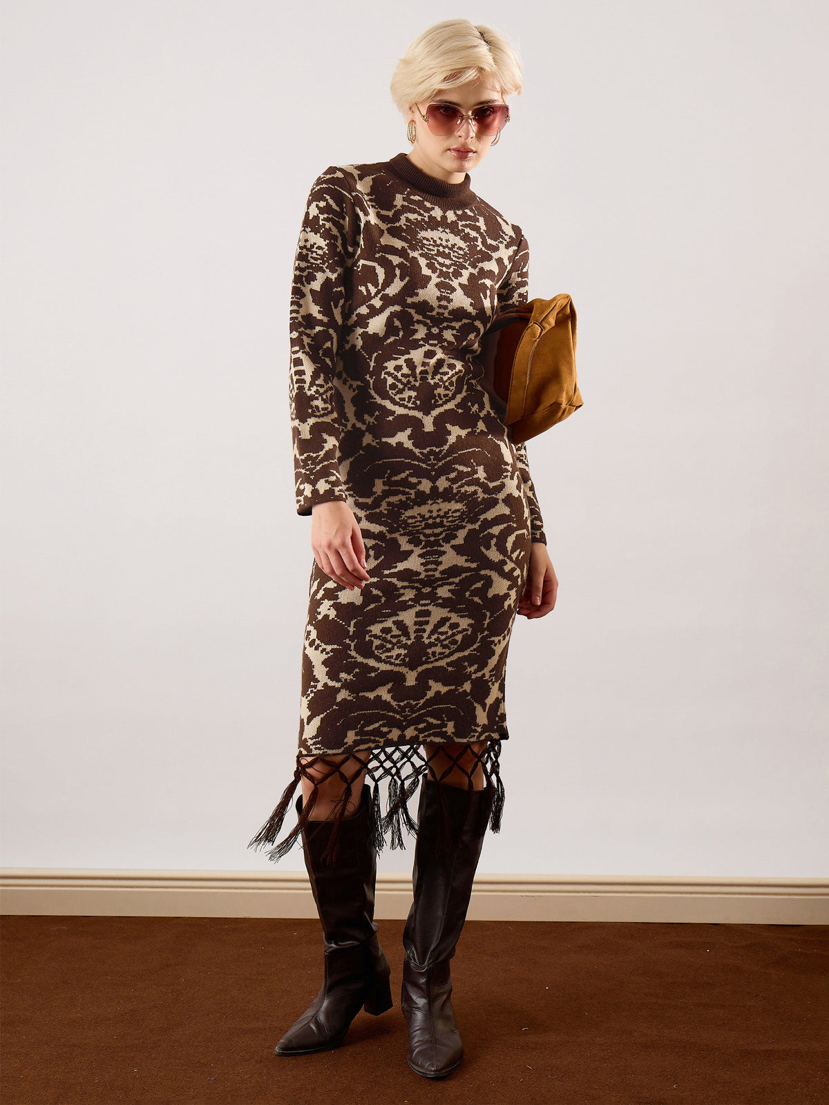 Brown Jaquard Acrylic Wool High Neck Hem Frindge Midi Dress-SASSAFRAS
