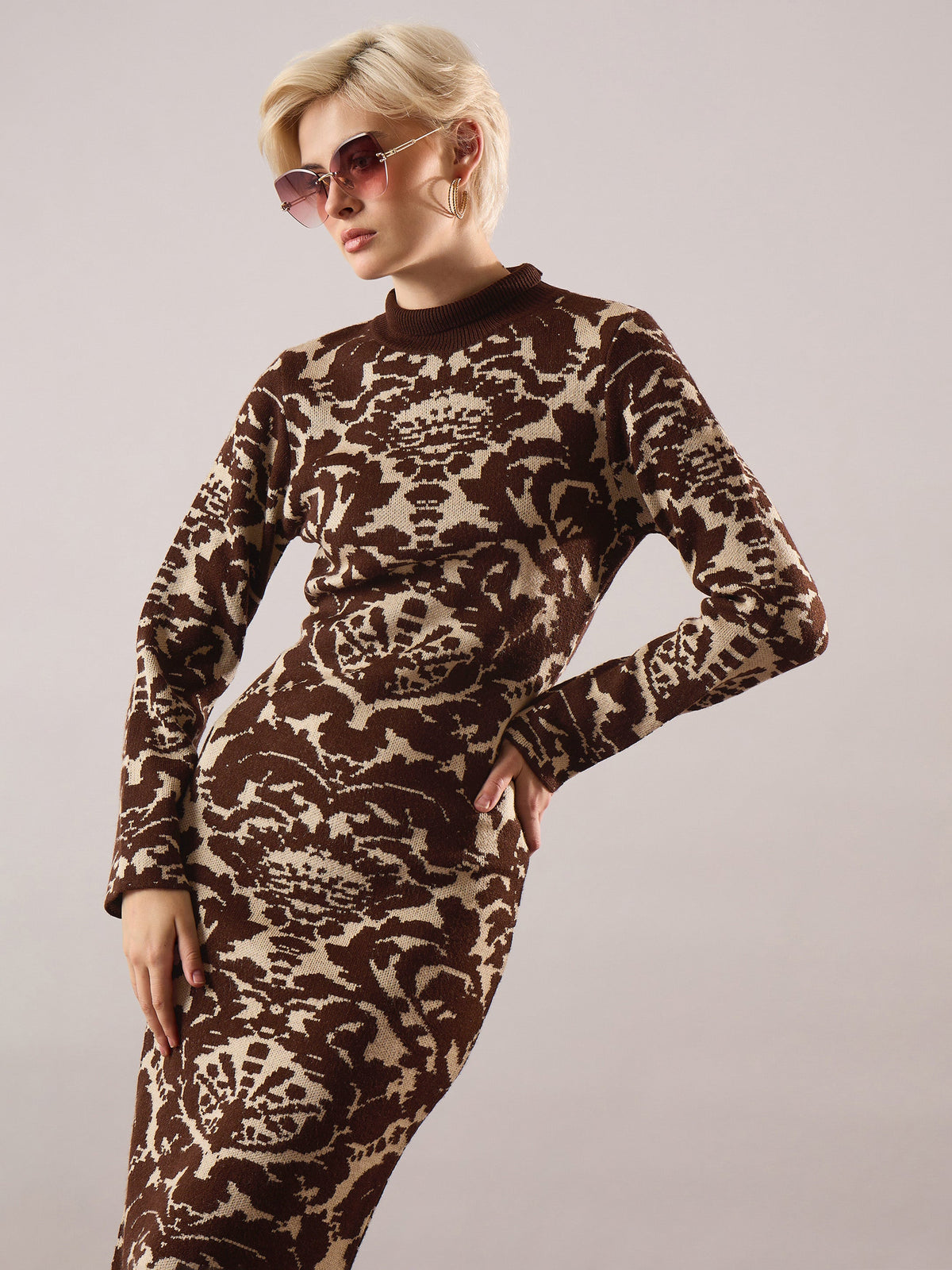 Brown Jaquard Acrylic Wool High Neck Hem Frindge Midi Dress-SASSAFRAS