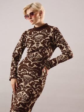 Brown Jaquard Acrylic Wool High Neck Hem Frindge Midi Dress-SASSAFRAS
