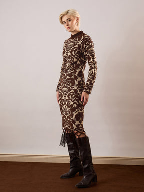 Brown Jaquard Acrylic Wool High Neck Hem Frindge Midi Dress-SASSAFRAS
