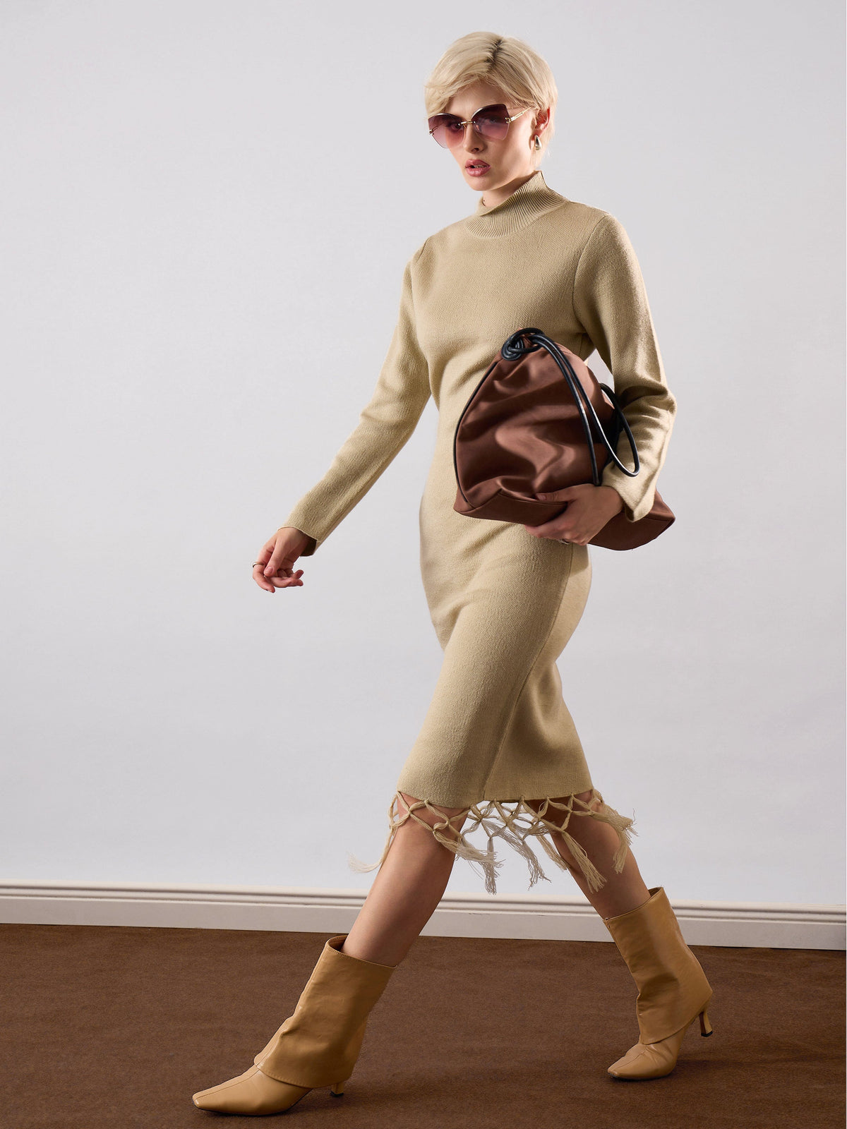 Beige Acrylic Wool Hem Frindge Detail Midi Dress-SASSAFRAS