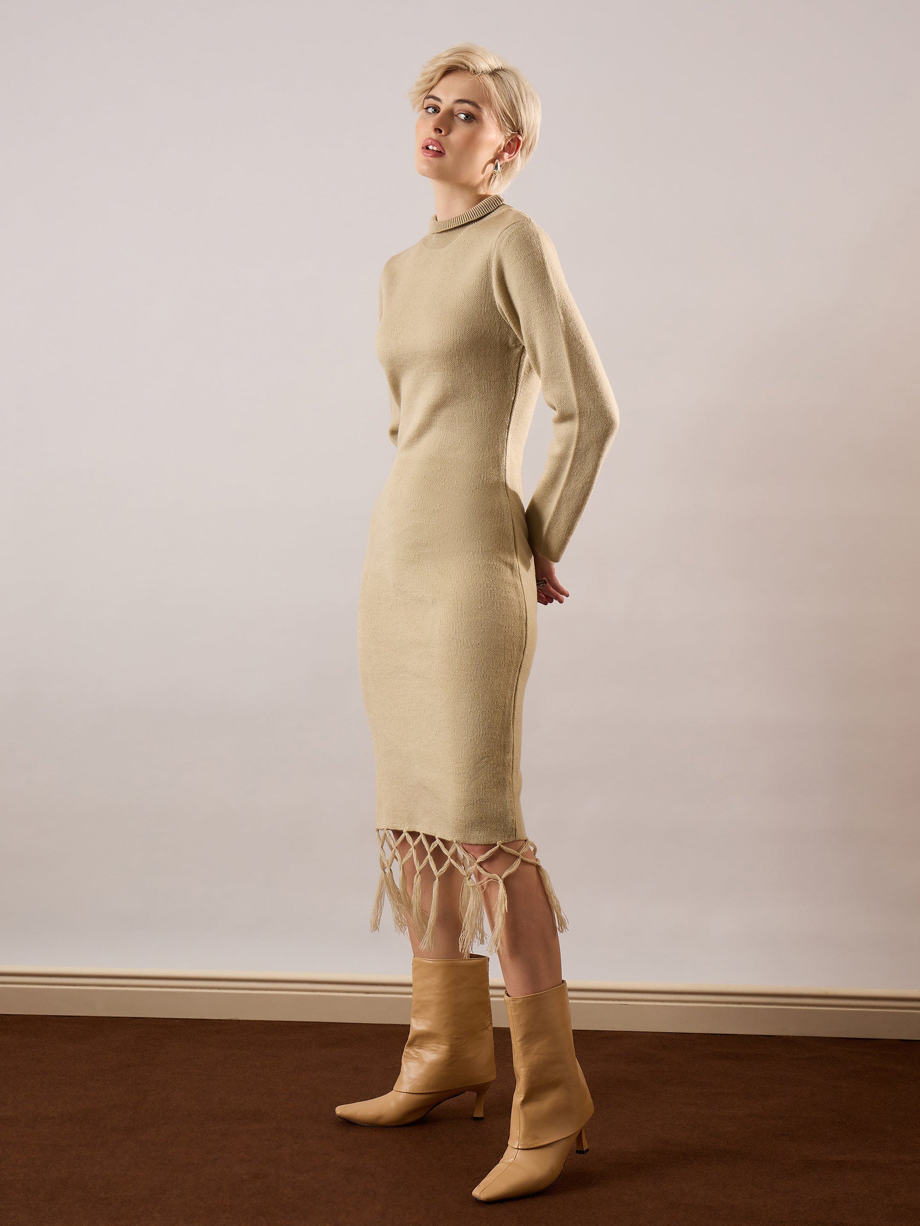Beige Acrylic Wool Hem Frindge Detail Midi Dress-SASSAFRAS