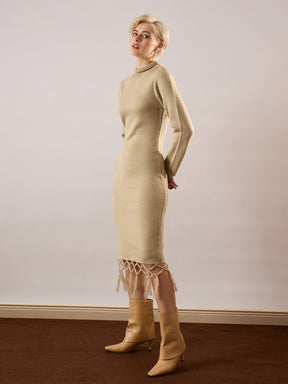 Beige Acrylic Wool Hem Frindge Detail Midi Dress-SASSAFRAS