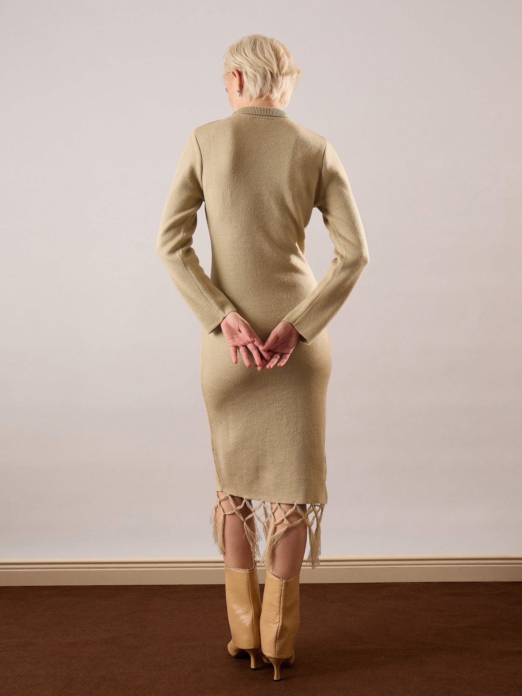 Beige Acrylic Wool Hem Frindge Detail Midi Dress-SASSAFRAS