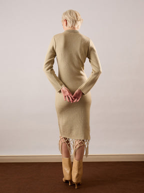 Beige Acrylic Wool Hem Frindge Detail Midi Dress-SASSAFRAS
