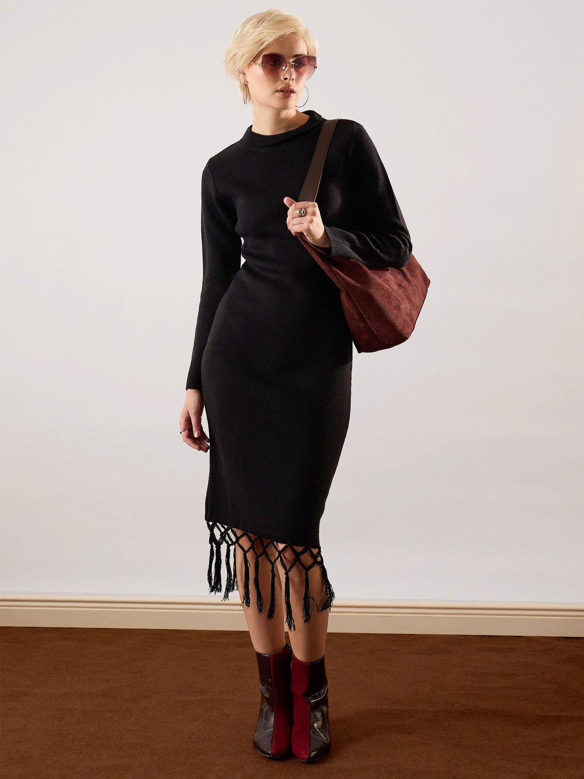 Black Acrylic Wool Hem Frindge Detail Midi Dress-SASSAFRAS