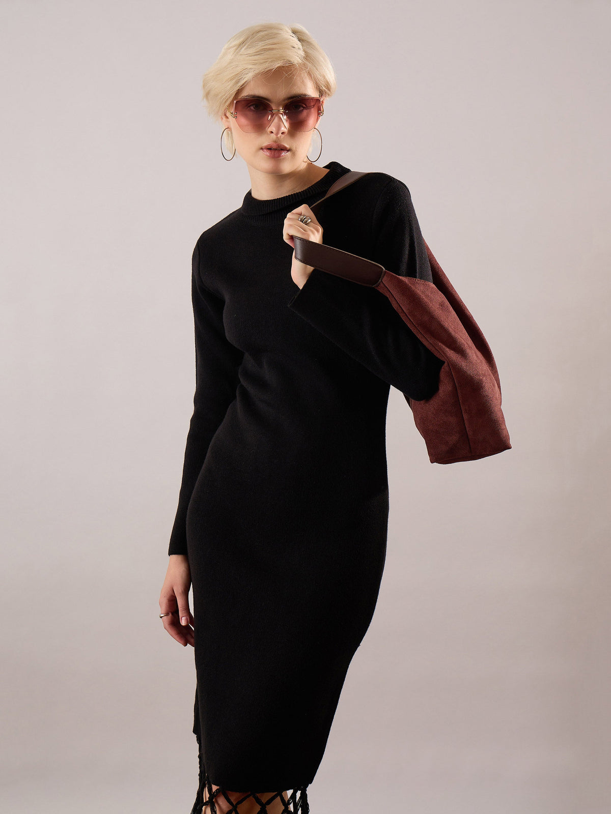 Black Acrylic Wool Hem Frindge Detail Midi Dress-SASSAFRAS