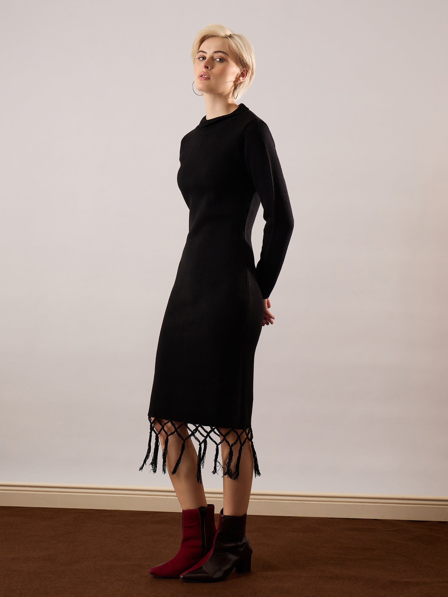 Black Acrylic Wool Hem Frindge Detail Midi Dress-SASSAFRAS