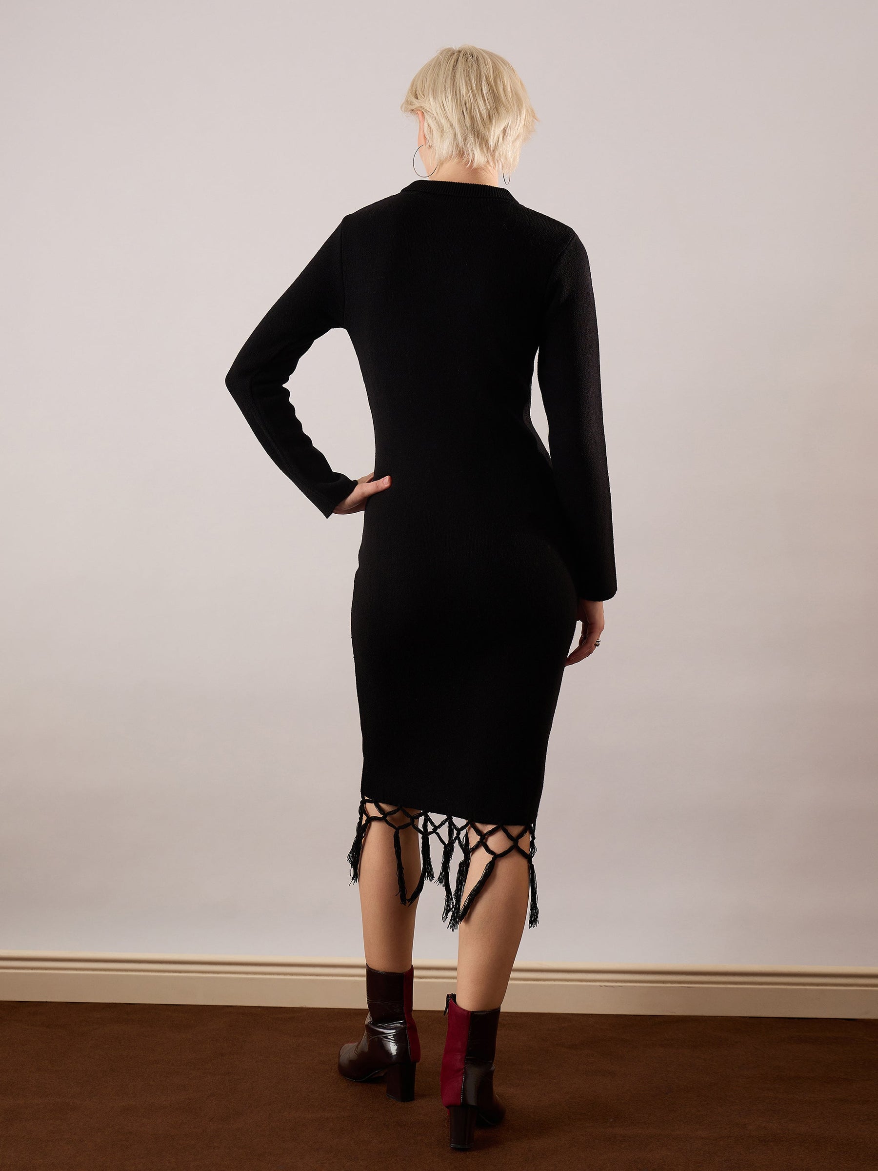 Black Acrylic Wool Hem Frindge Detail Midi Dress-SASSAFRAS