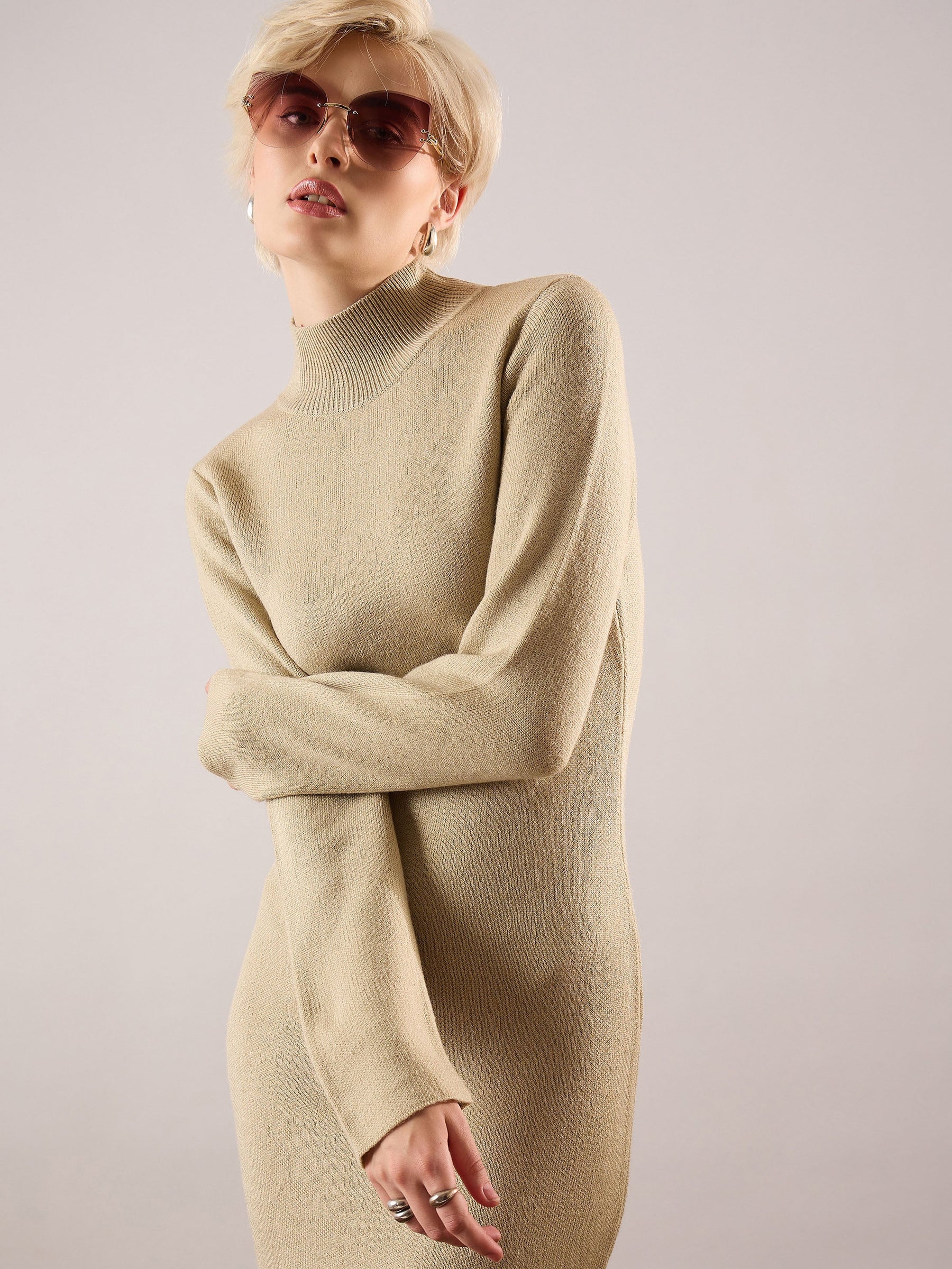 Beige Acrylic Wool High Neck Midi Dress-SASSAFRAS