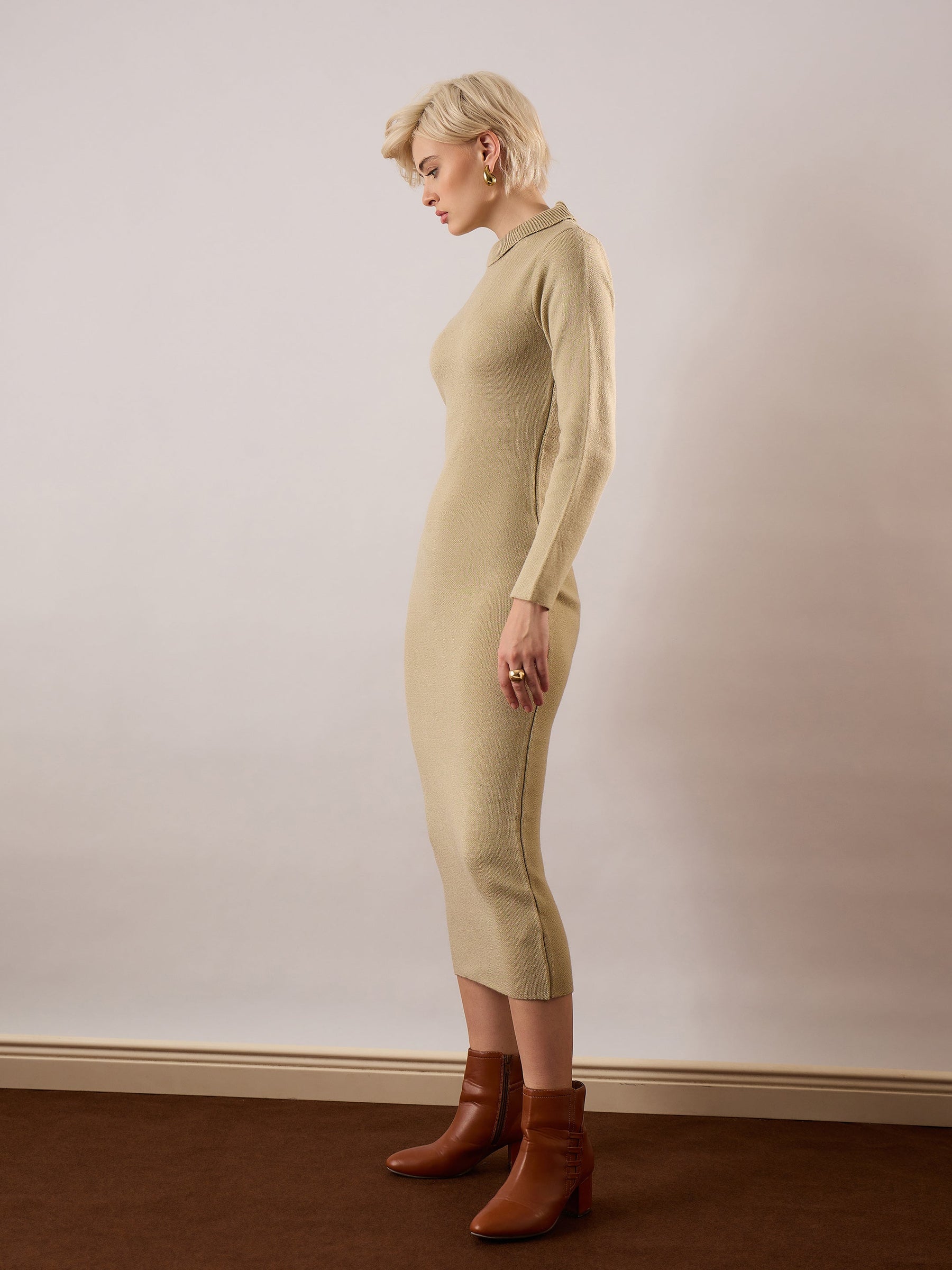 Beige Acrylic Wool High Neck Midi Dress-SASSAFRAS