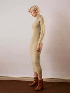 Beige Acrylic Wool High Neck Midi Dress-SASSAFRAS