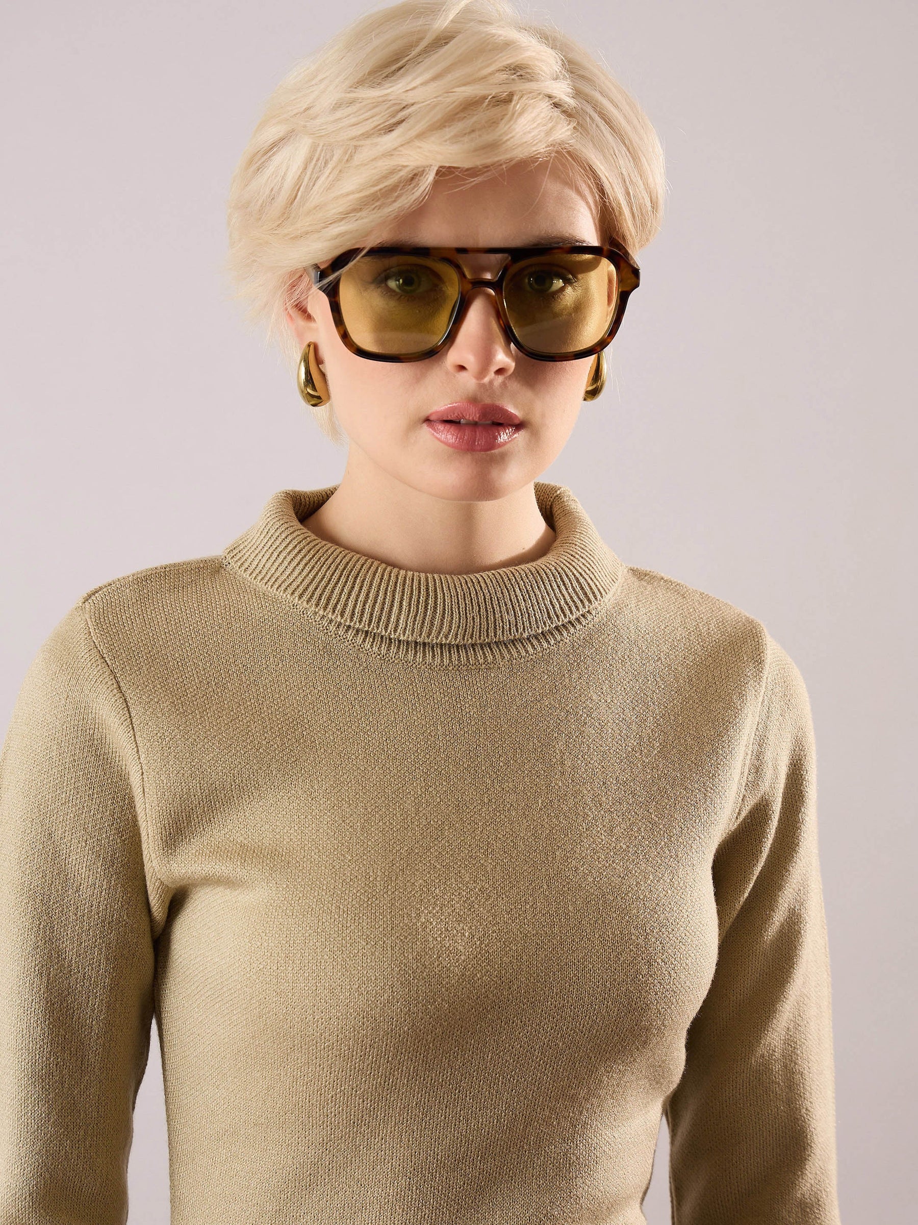 Beige Acrylic Wool High Neck Midi Dress-SASSAFRAS